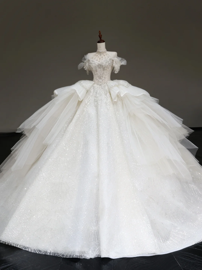 Princess Bridal Gown Ball Gown Off The Shoulder White Sequin Beads Wedding Dresses Winter Bridal Gowns DP886