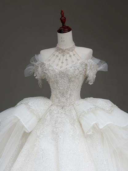 Princess Bridal Gown Ball Gown Off The Shoulder White Sequin Beads Wedding Dresses Winter Bridal Gowns DP886