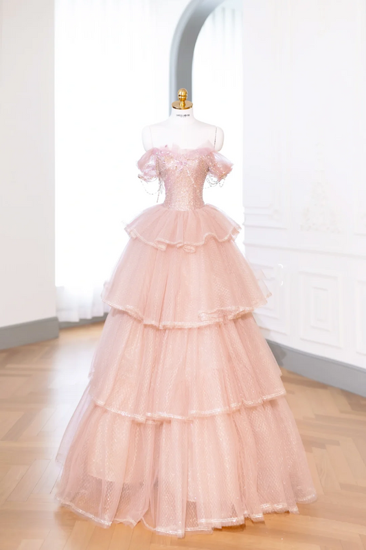 Elegant Glamour Ball Gown Off The Shoulder Pink Tulle Prom Dress Party Dress Evening Dresses DP894