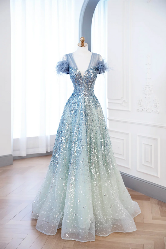 Elegant Glamour Ball Gown V Neckline Tulle Green Blue Prom Dress Party Dress Evening Dresses DP899
