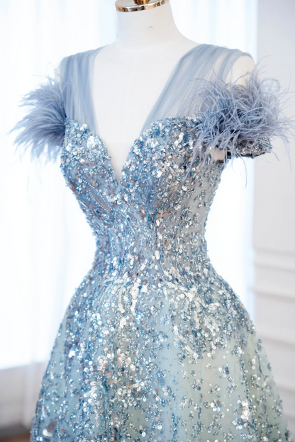 Elegant Glamour Ball Gown V Neckline Tulle Green Blue Prom Dress Party Dress Evening Dresses DP899