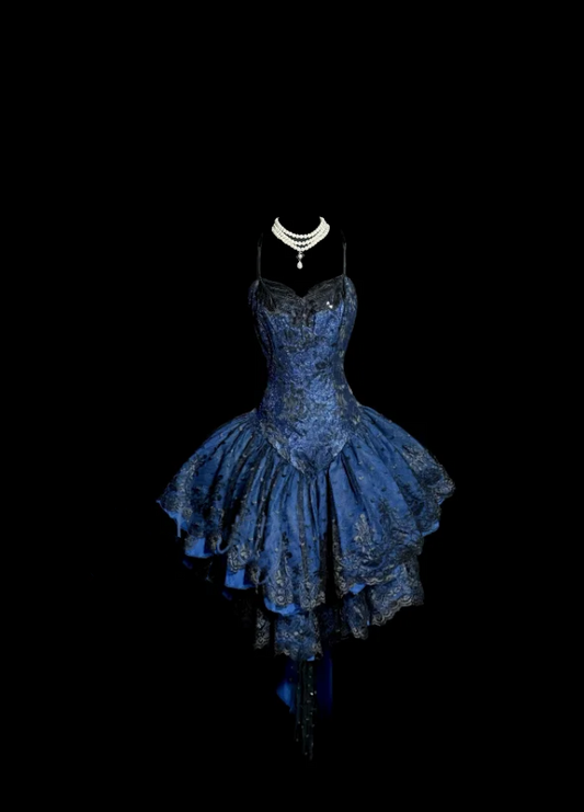 Classy Ball Gown Spaghetti Straps Navy Blue Lace Short Homecoming Dress Summer Hoco Dresses Cocktail Dress DP907