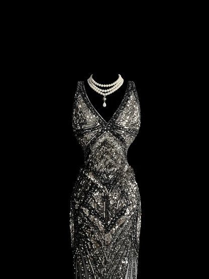 Elegant Glamour Mermaid V Neck Sequin Gray Backless Long Prom Dresses Party Dress Evening Dress DP910