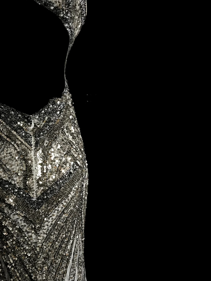Elegant Glamour Mermaid V Neck Sequin Gray Backless Long Prom Dresses Party Dress Evening Dress DP910