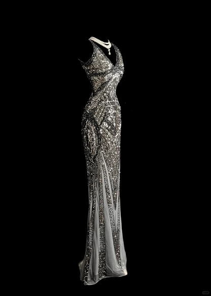 Elegant Glamour Mermaid V Neck Sequin Gray Backless Long Prom Dresses Party Dress Evening Dress DP910