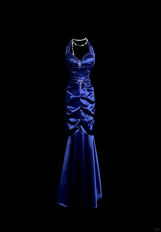 Elegant Glamour Mermaid Halter Royal Blue Satin Long Prom Dresses Party Dress Evening Dress DP911