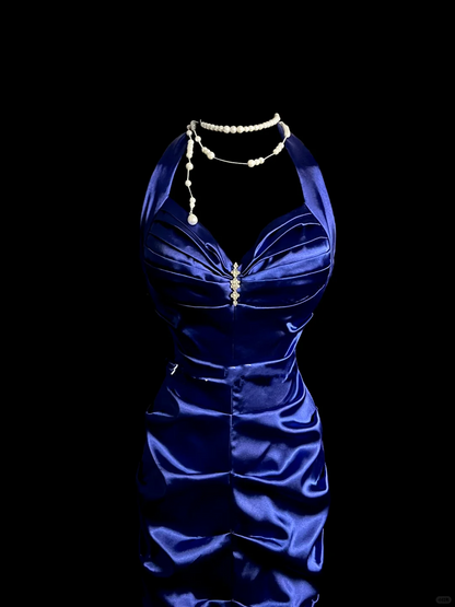Elegant Glamour Mermaid Halter Royal Blue Satin Long Prom Dresses Party Dress Evening Dress DP911