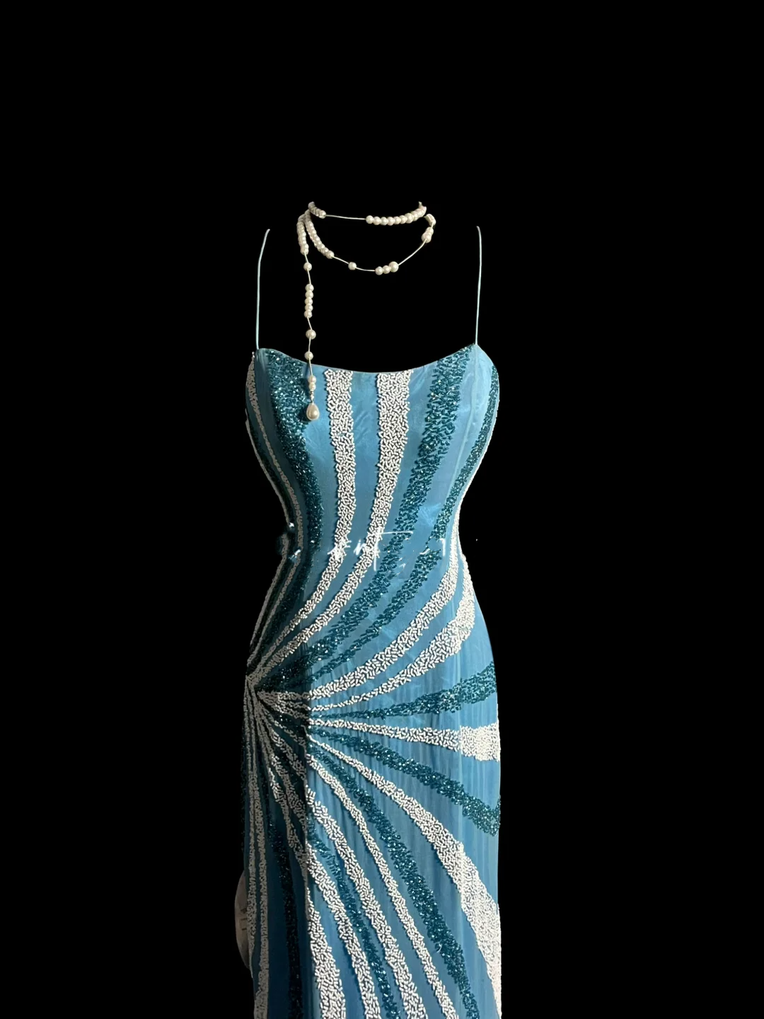 Vintage Mermaid Spaghetti Straps Blue Chiffon Long Prom Dress Party Dress Evening Dresses DP912