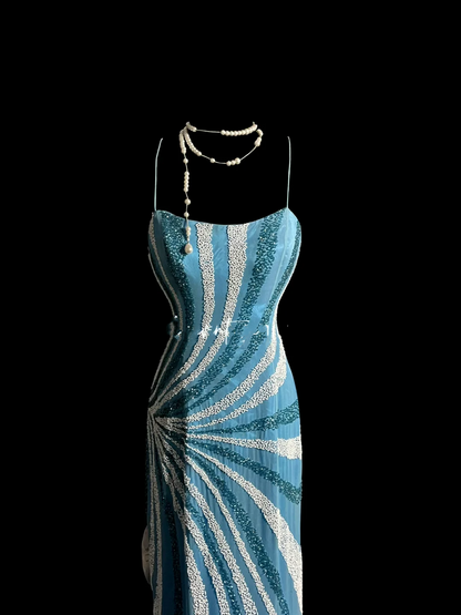 Vintage Mermaid Spaghetti Straps Blue Chiffon Long Prom Dress Party Dress Evening Dresses DP912