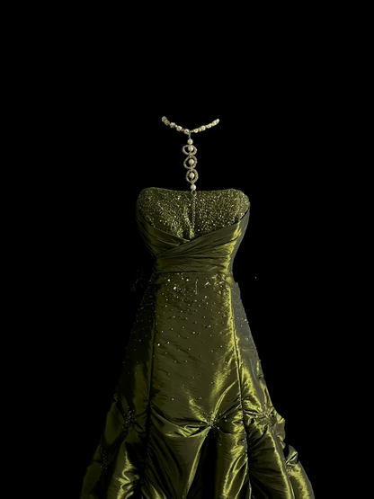 Elegant Glamour Ball Gown Strapless Olive Green Taffeta Long Prom Dresses Party Dress Evening Dress DP915