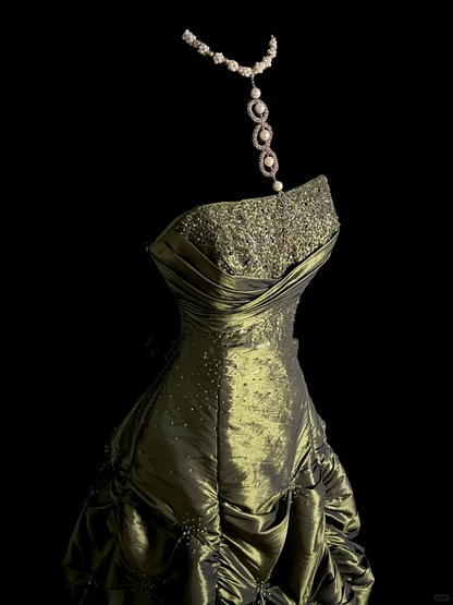 Elegant Glamour Ball Gown Strapless Olive Green Taffeta Long Prom Dresses Party Dress Evening Dress DP915