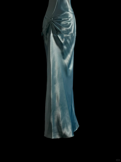 Elegant Glamour Mermaid Halter Blue Satin Long Prom Dresses Party Dress Evening Dress DP916