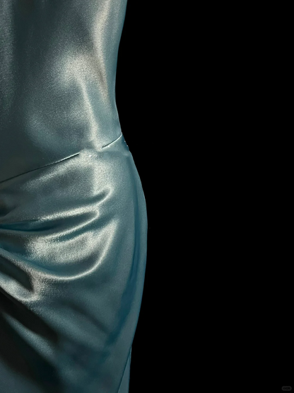 Elegant Glamour Mermaid Halter Blue Satin Long Prom Dresses Party Dress Evening Dress DP916