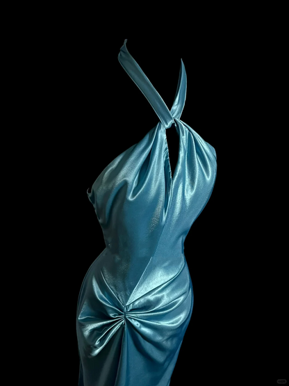 Elegant Glamour Mermaid Halter Blue Satin Long Prom Dresses Party Dress Evening Dress DP916