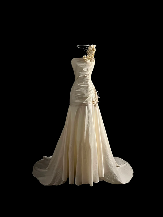 Vintage Bridal Gown Mermaid One Shoulder Ivory Long Wedding Dresses Minimalist Bridal Gowns DP918