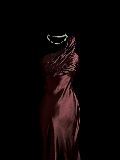 Elegant Glamour Mermaid One Shoulder Burgundy Satin Long Prom Dresses Party Dress Evening Dress DP919