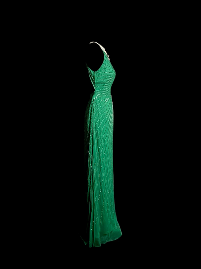 Vintage Mermaid V Neck Backless Green With Beads Long Prom Dresses Party Dress Evening Dress DP928