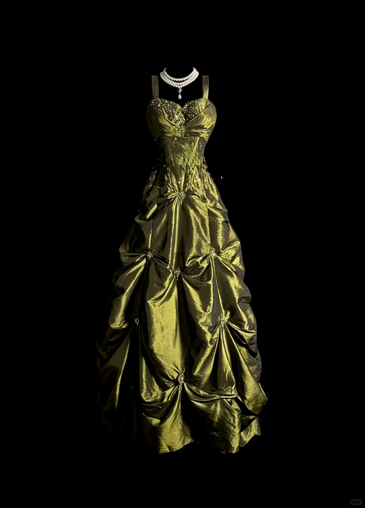 Retro Ball Gown Sweetheart Straps Green With Silver Beads Long Prom Dresses Evening Gowns Evening Dress DP929