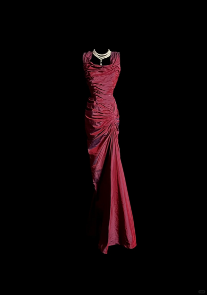 Vintage Mermaid Square Burgundy Taffeta Long Prom Dresses Evening Gowns Evening Dress DP931