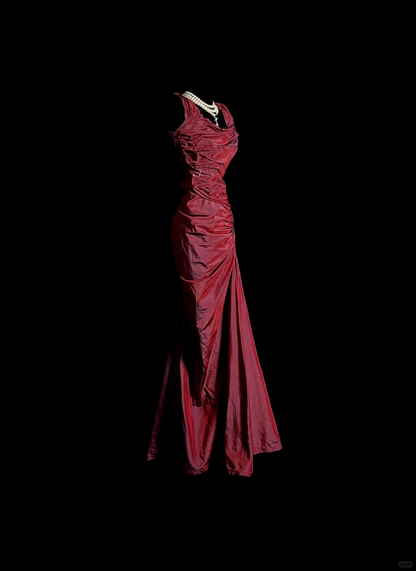 Vintage Mermaid Square Burgundy Taffeta Long Prom Dresses Evening Gowns Evening Dress DP931