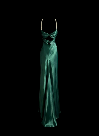 Vintage Mermaid Halter Green Satin Long Prom Dresses Ruffles Evening Gowns Evening Dress DP937