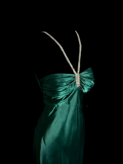 Vintage Mermaid Halter Green Satin Long Prom Dresses Ruffles Evening Gowns Evening Dress DP937