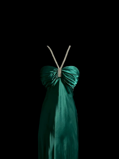 Vintage Mermaid Halter Green Satin Long Prom Dresses Ruffles Evening Gowns Evening Dress DP937