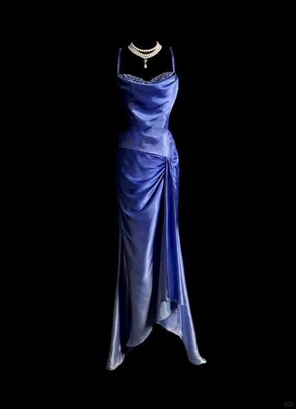 Vintage Mermaid Spaghetti Straps Satin Long Prom Dresses Ruffles Evening Gowns Evening Dress DP938