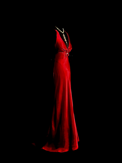 Vintage Mermaid V Neck Sleeveless Satin Long Prom Dresses Ruffles Evening Gowns Evening Dress DP939