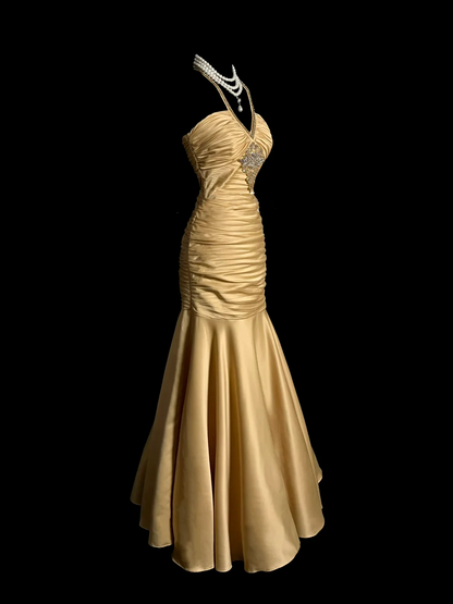 Vintage Mermaid Halter Sleeveless Satin Long Prom Dresses Ruffles Evening Gowns Evening Dress DP940