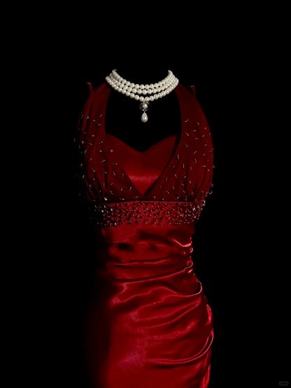 Vintage Mermaid Halter Sleeveless Red Satin Long Prom Dresses Ruffles Evening Gowns Evening Dress DP942