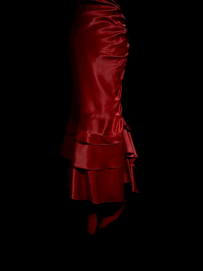 Vintage Mermaid Halter Sleeveless Red Satin Long Prom Dresses Ruffles Evening Gowns Evening Dress DP942