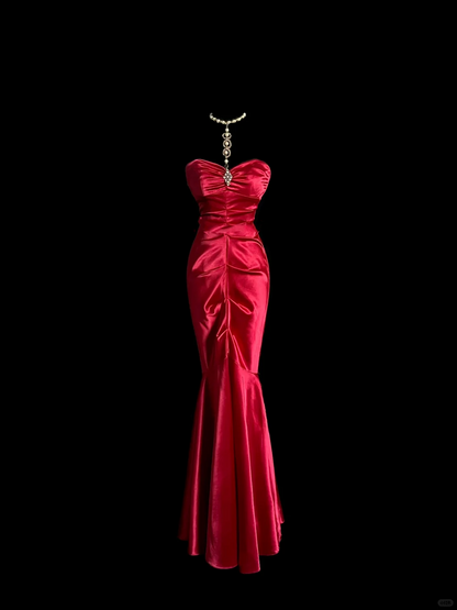 Vintage Mermaid Sweetheart Red Satin Long Prom Dresses Evening Gowns Evening Dress DP943
