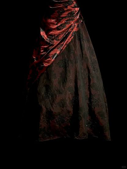 Retro Ball Gown Strapless Burgundy Floral Tulle Long Prom Dresses Evening Gowns Evening Dress DP944