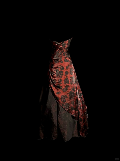 Retro Ball Gown Strapless Burgundy Floral Tulle Long Prom Dresses Evening Gowns Evening Dress DP944