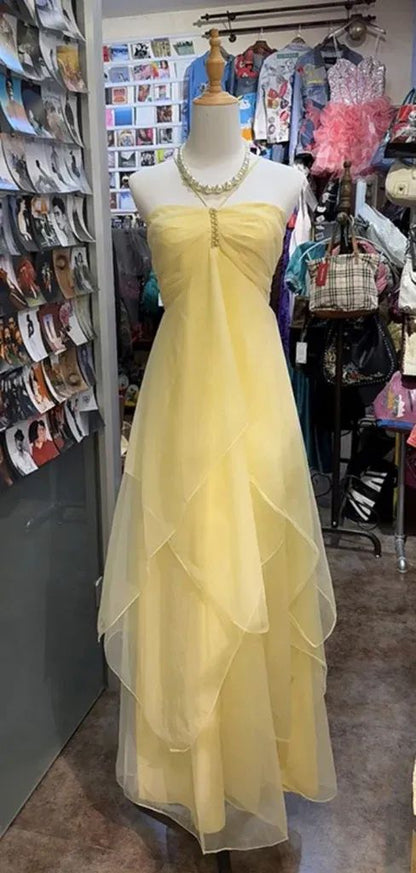Vintage A line Halter Yellow Long Birthday Dress Party Dress Birthday Outfit DP956