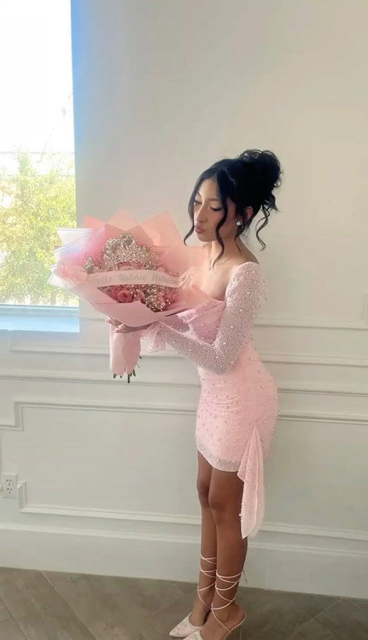 Cute Sheath Pink Square Neckline Short Summer Sequin Birthday Dress Hoco Dress Birthday Outfit 19th Birthday Mini Party Dresses DP982