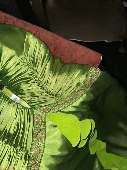 Green A Line Spaghetti Strap Beaded Pleated Satin Long Prom Dress Evening Dress SH3158