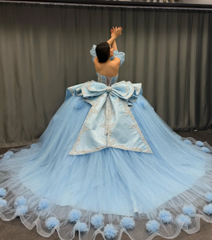 Romantic Poofy Baby Blue Floral Puff Sequin Tulle Ball Gown Quinceanera Dress SH3268