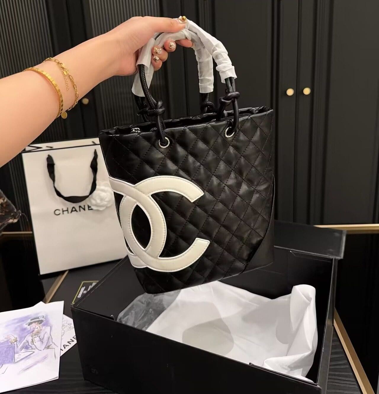 Chanel Black Quilted Lambskin Leather Medium Cambon Tote