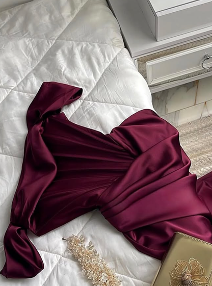 Elegant Mermaid Off the Shoulder Corset Burgundy Satin Prom Dress Evening Dress SH2141