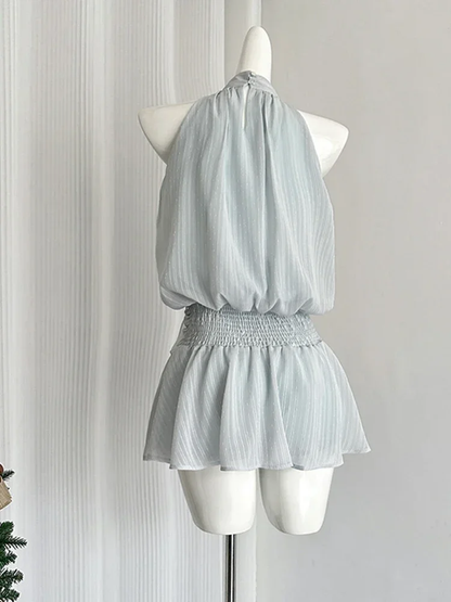 Blue Mini Sleeveless Chiffon Dress Women Frock Vacation Dress S227