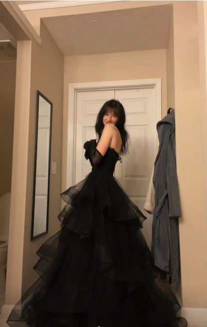 Princess A Line Sweetheart Neck Black Tiered Tulle Long Prom Dress Evening Dress SH355