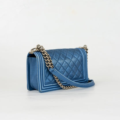Chanel Blue Perforated Quilted Leather Small Boy Flap Bag