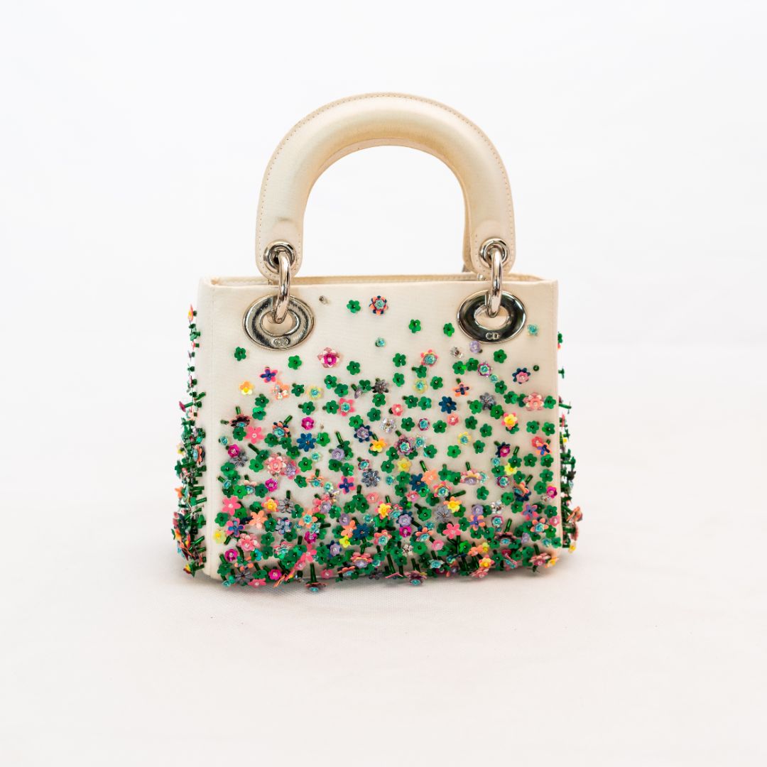 Dior White Satin Mini Lady Dior with Beaded Detail