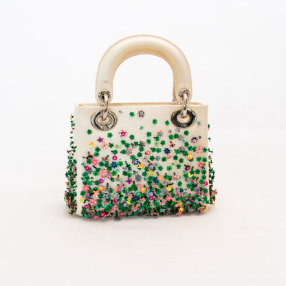 Dior White Satin Mini Lady Dior with Beaded Detail