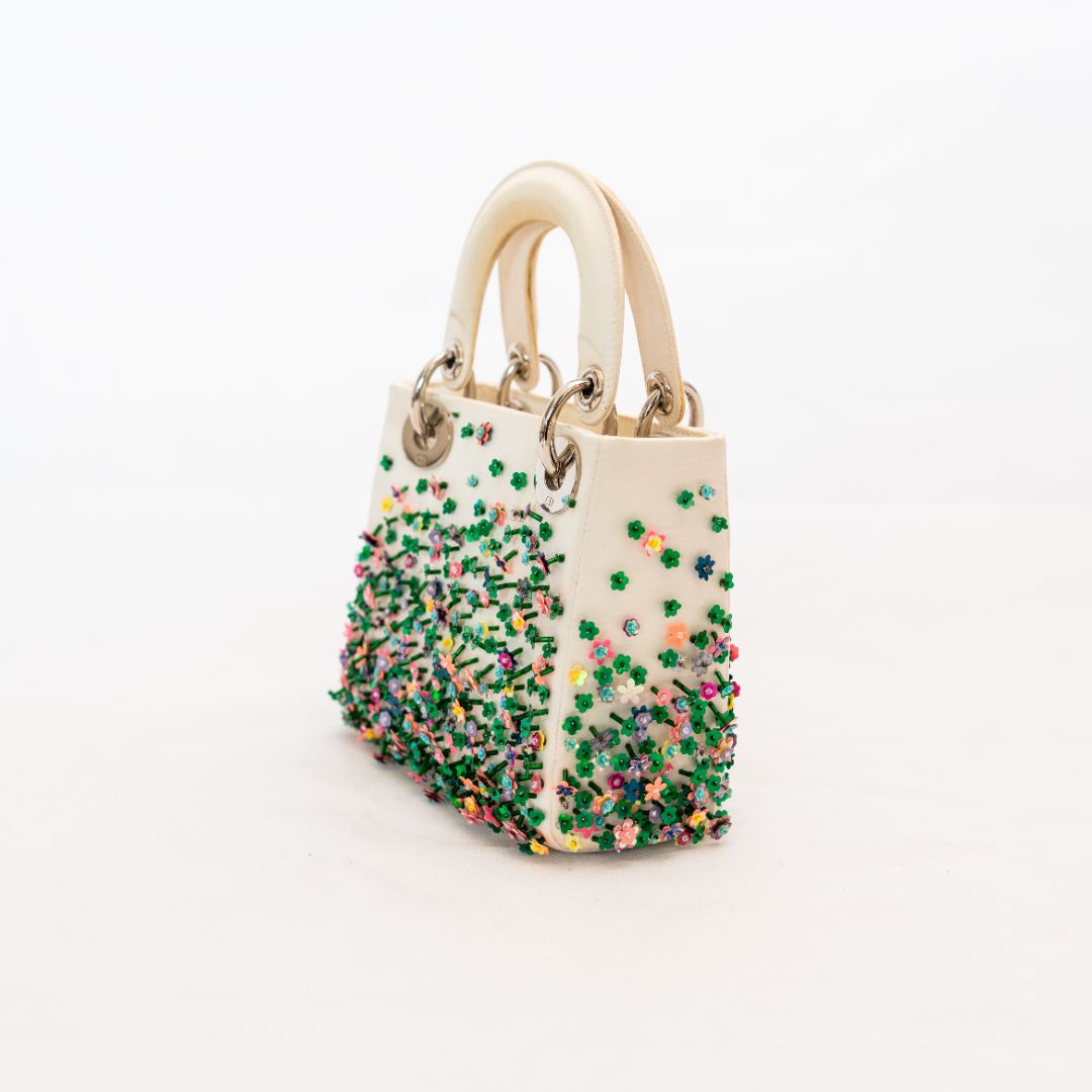 Dior White Satin Mini Lady Dior with Beaded Detail