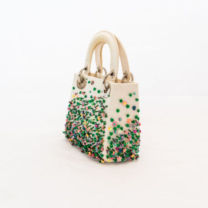 Dior White Satin Mini Lady Dior with Beaded Detail