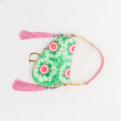 Dior Pink/Green printed satin glazed leather limited edition 0705 saddle bag