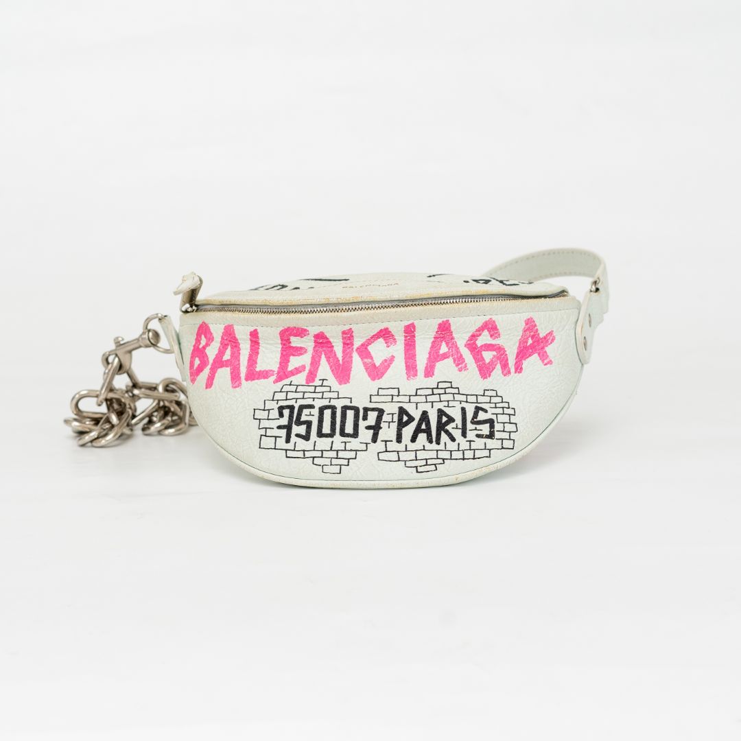 Balenciaga Agneau Graffiti All Over Souveniers Belt Bag White Multicolor